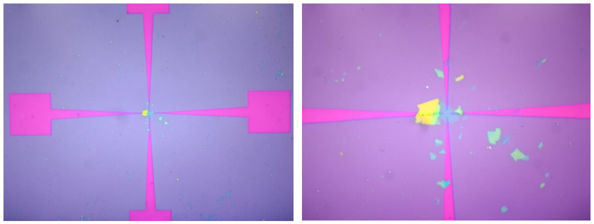 機(jī)械剝離的二維材料樣品利用無(wú)掩模光刻機(jī)光刻電極并鍍膜剝離的結(jié)果 機(jī)械剝離的二維材料樣品利用無(wú)掩模光刻機(jī)光刻電極并鍍膜剝離的結(jié)果